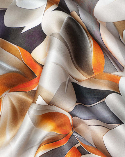 Orange and White Abstract Floral Print on Premium Pure Italian Silk Satin Fabric, 140 Cms Width, Italy-D24776