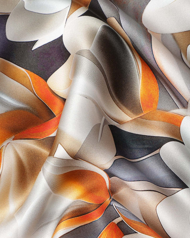 Orange and White Abstract Floral Print on Premium Pure Italian Silk Satin Fabric, 140 Cms Width, Italy-D24776