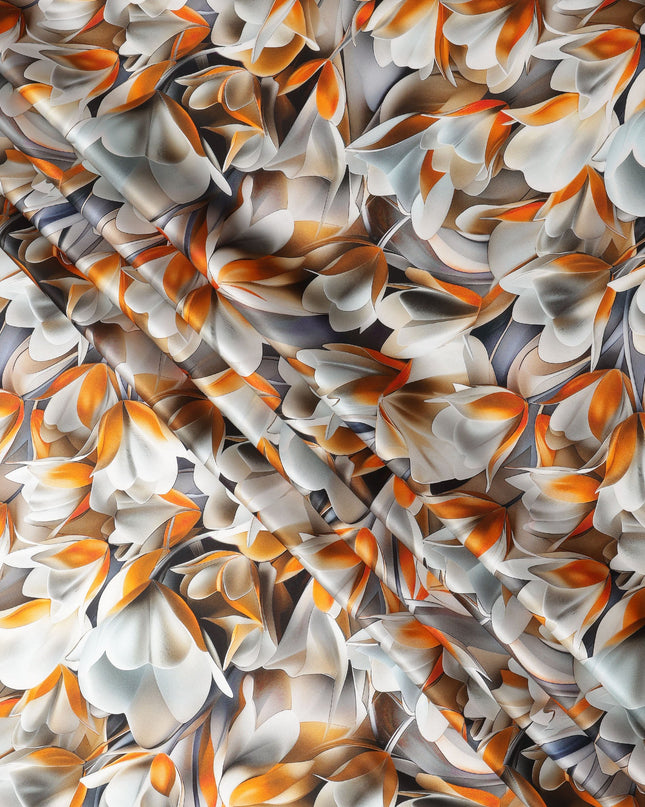 Orange and White Abstract Floral Print on Premium Pure Italian Silk Satin Fabric, 140 Cms Width, Italy-D24776