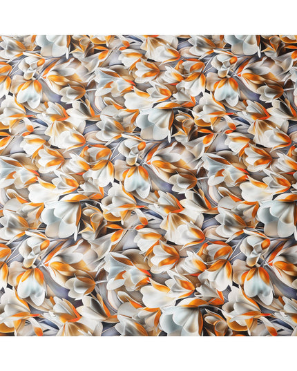 Orange and White Abstract Floral Print on Premium Pure Italian Silk Satin Fabric, 140 Cms Width, Italy-D24776