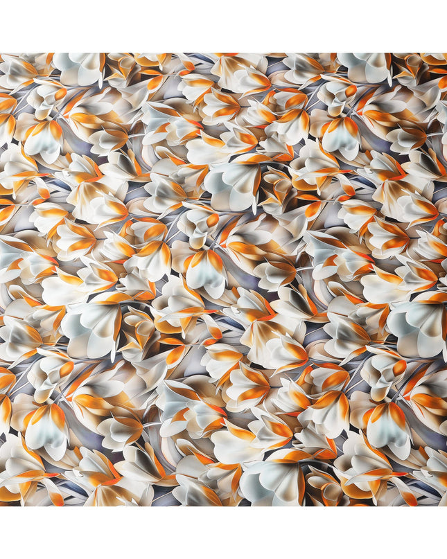 Orange and White Abstract Floral Print on Premium Pure Italian Silk Satin Fabric, 140 Cms Width, Italy-D24776