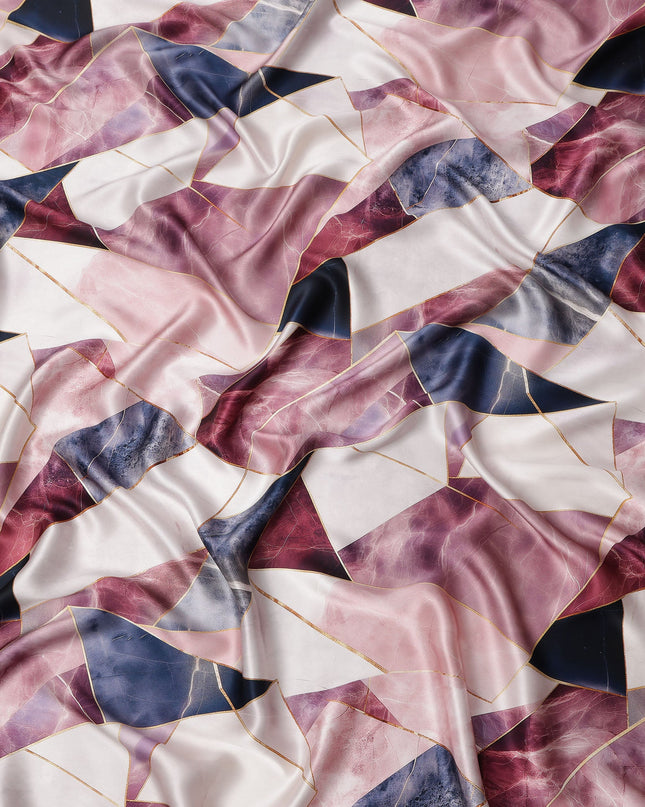 Pink, Maroon, and Navy Geometric Abstract Print on Premium Pure Italian Silk Satin Fabric, 140 Cms Width, Italy-D24790