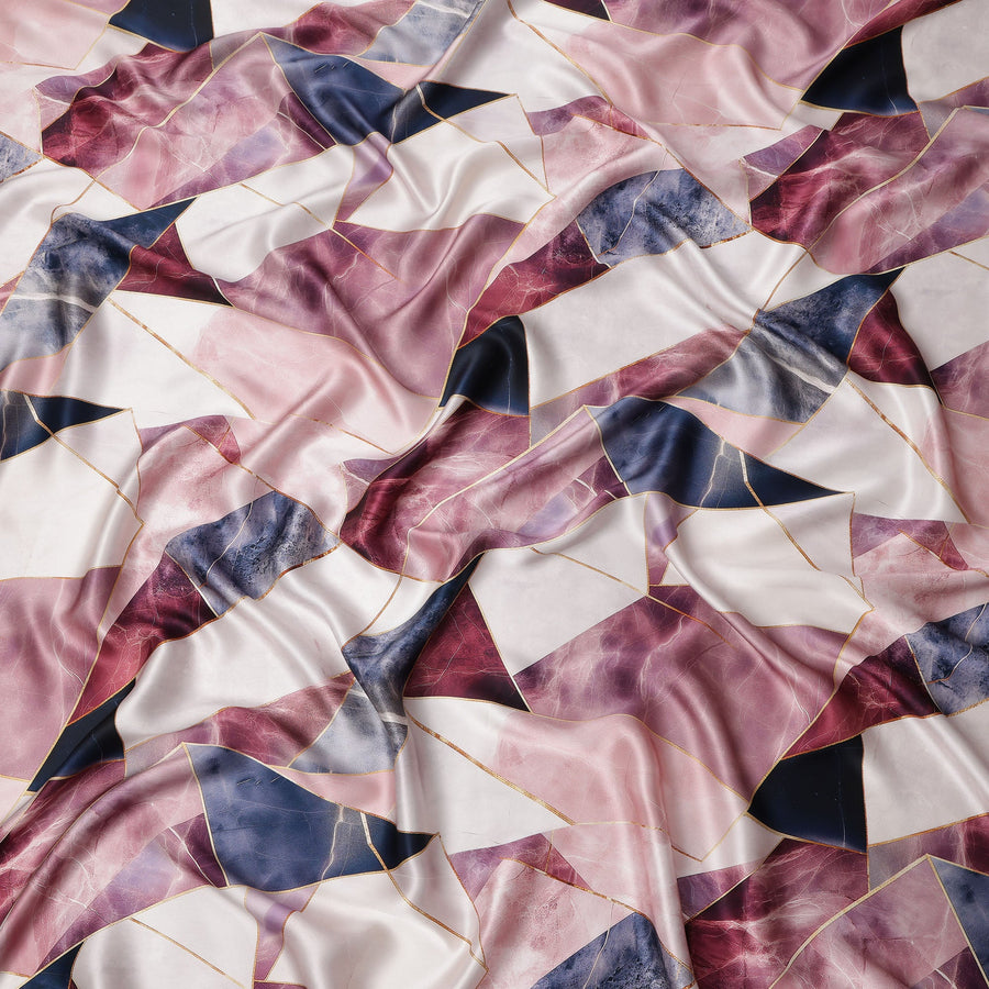 Pink, Maroon, and Navy Geometric Abstract Print on Premium Pure Italian Silk Satin Fabric, 140 Cms Width, Italy-D24790