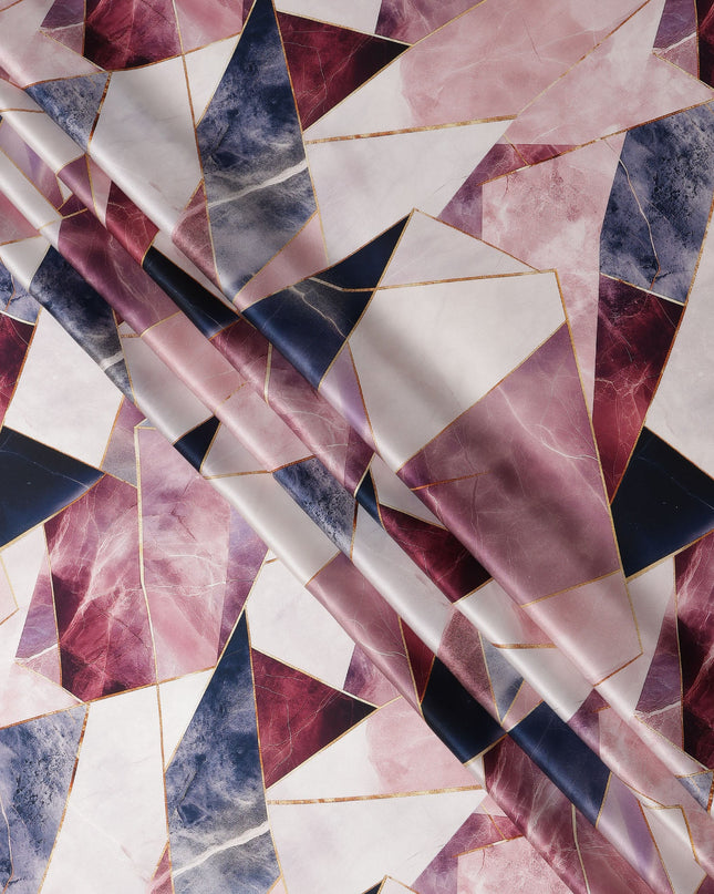 Pink, Maroon, and Navy Geometric Abstract Print on Premium Pure Italian Silk Satin Fabric, 140 Cms Width, Italy-D24790