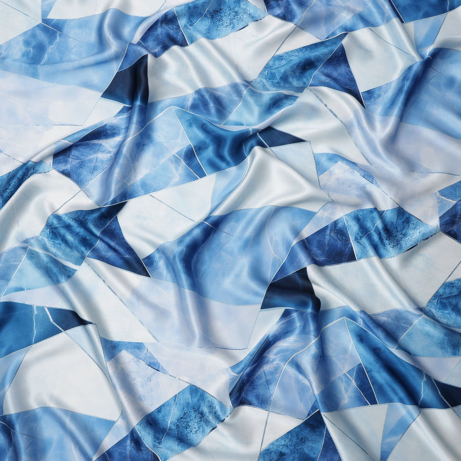 Sky Blue Geometric Marble Abstract Print Premium Pure Silk Satin Fabric Smooth Lustrous Designer Finish 140 Cms Width, 3.5 Mtrs Piece and Made in Italy-D27208