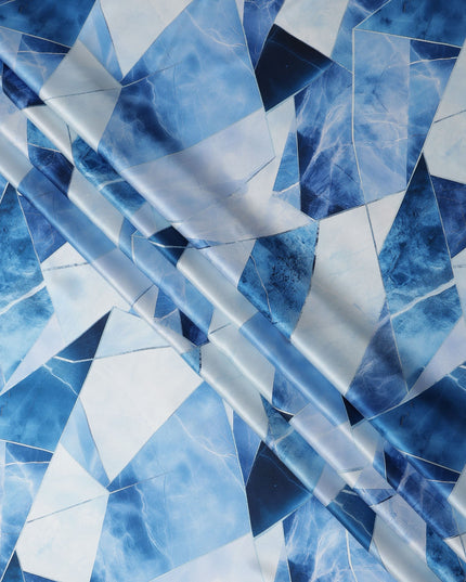 Blue and White Geometric Abstract Print on Premium Pure Italian Silk Satin Fabric, 140 Cms Width, Italy-D24792