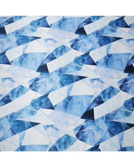 Blue and White Geometric Abstract Print on Premium Pure Italian Silk Satin Fabric, 140 Cms Width, Italy-D24792