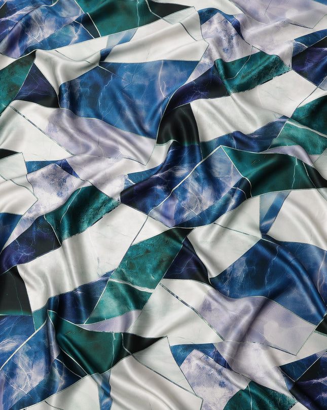 Blue, Green, and White Geometric Abstract Print on Premium Pure Italian Silk Satin Fabric, 140 Cms Width, Italy-D24791