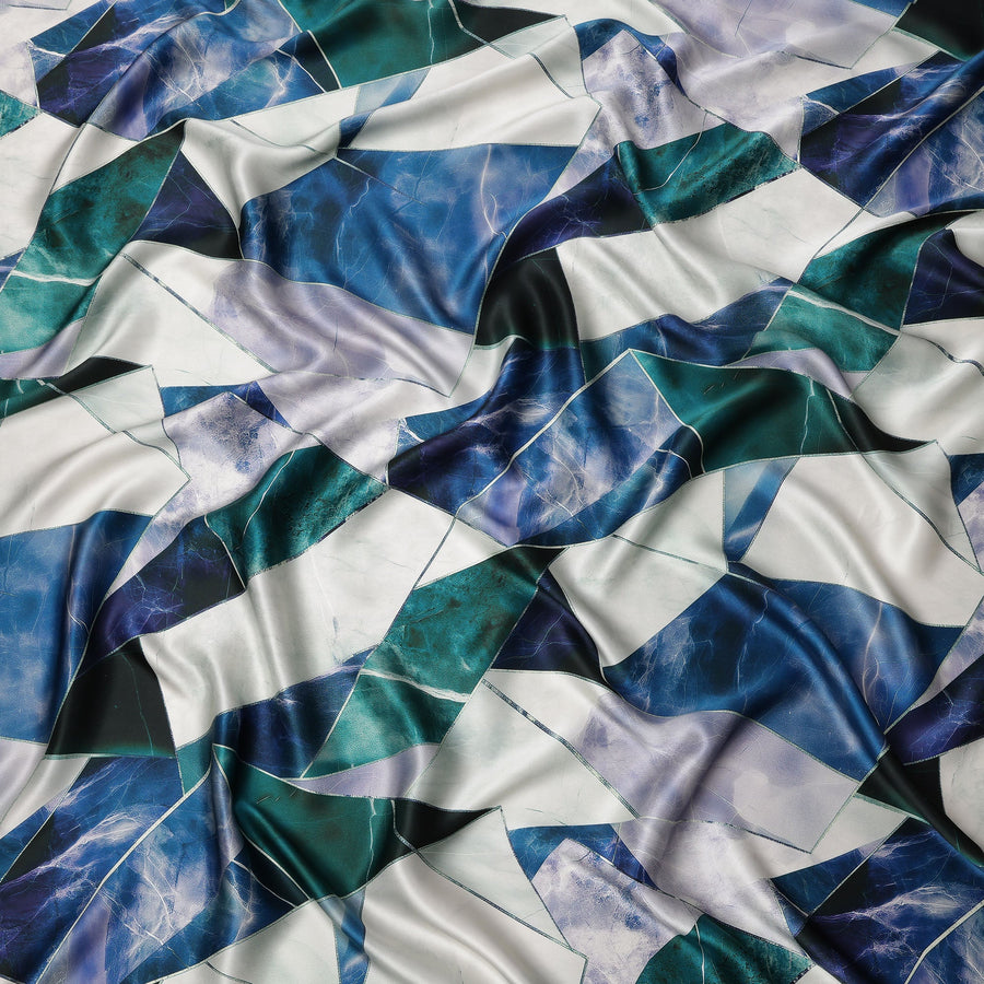 Blue, Green, and White Geometric Abstract Print on Premium Pure Italian Silk Satin Fabric, 140 Cms Width, Italy-D24791
