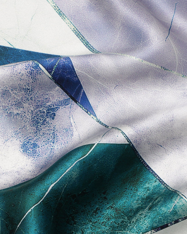 Blue, Green, and White Geometric Abstract Print on Premium Pure Italian Silk Satin Fabric, 140 Cms Width, Italy-D24791