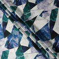 Blue, Green, and White Geometric Abstract Print on Premium Pure Italian Silk Satin Fabric, 140 Cms Width, Italy-D24791
