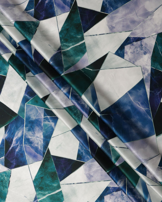 Teal Blue White Abstract Geometric Printed Premium Pure Silk Satin Fabric Smooth Lustrous Designer Finish 140 Cms Width, 3.5 Mtrs Piece and Made in Italy-D27196