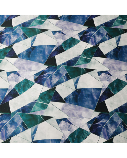 Teal Blue White Abstract Geometric Printed Premium Pure Silk Satin Fabric Smooth Lustrous Designer Finish 140 Cms Width, 3.5 Mtrs Piece and Made in Italy-D27196