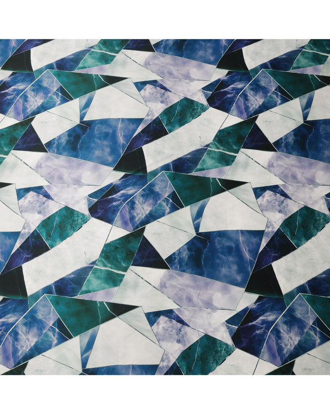 Blue, Green, and White Geometric Abstract Print on Premium Pure Italian Silk Satin Fabric, 140 Cms Width, Italy-D24791