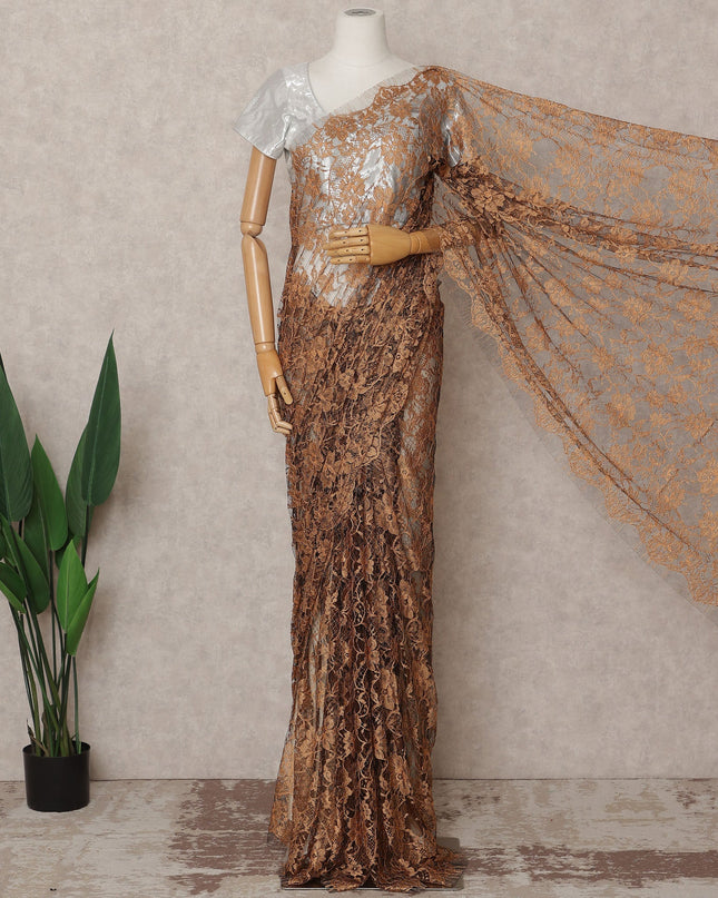 Copper Brown Premium French 2-Tone Chantilly Lace Saree, 5.5 Mtrs with 110 Cms Width, Imported from France-D25433