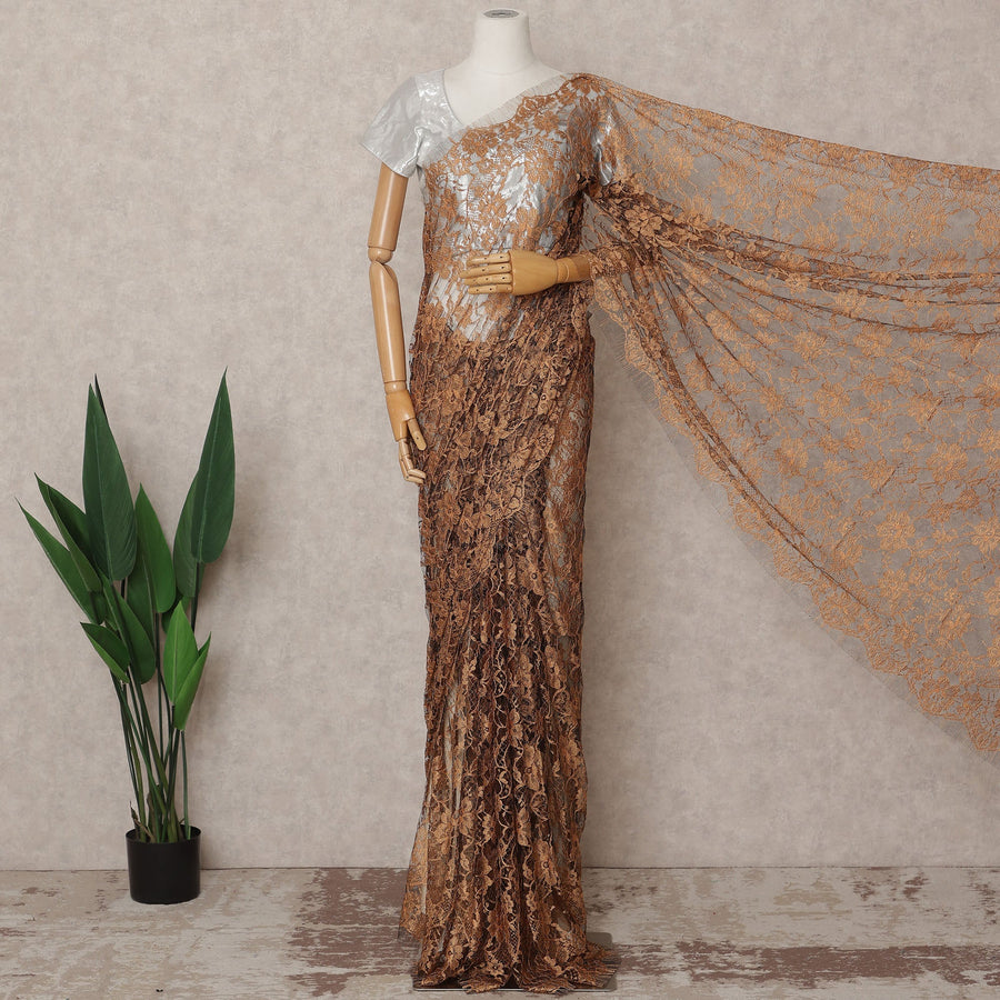 ساري فرنسي فاخر من الدانتيل الشانتيلي بلونين، بني نحاسي، بطول 5.5 متر وعرض 110 سم، مستورد من فرنسا - D25433