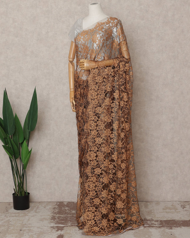 Copper Brown Premium French 2-Tone Chantilly Lace Saree, 5.5 Mtrs with 110 Cms Width, Imported from France-D25433