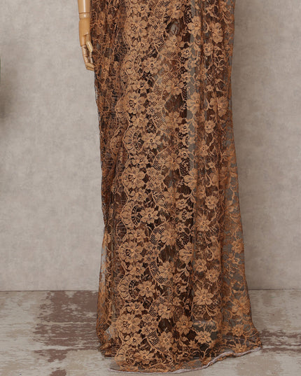 ساري فرنسي فاخر من الدانتيل الشانتيلي بلونين، بني نحاسي، بطول 5.5 متر وعرض 110 سم، مستورد من فرنسا - D25433