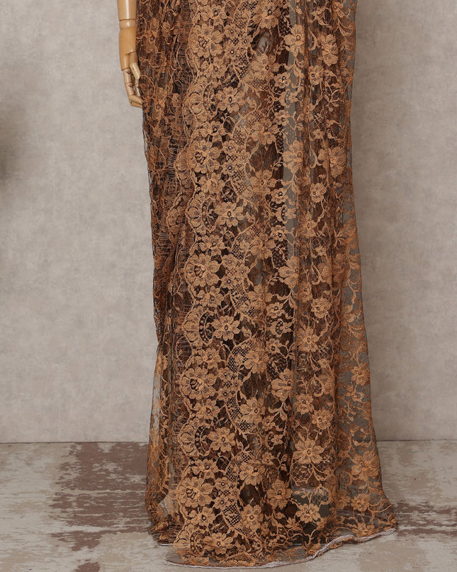 Copper Brown Premium French 2-Tone Chantilly Lace Saree, 5.5 Mtrs with 110 Cms Width, Imported from France-D25433