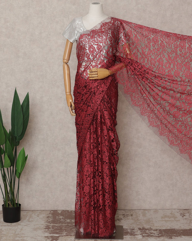 Crimson Red Premium French 2-Tone Chantilly Lace Saree, 5.5 Mtrs with 110 Cms Width, Imported from France-D25427 Regal Fabrics