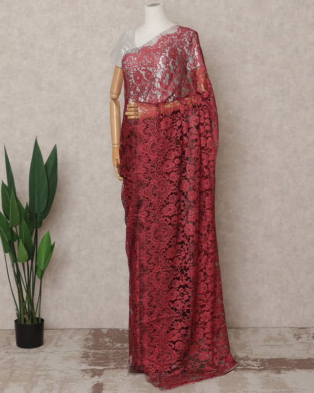 Crimson Red Premium French 2-Tone Chantilly Lace Saree, 5.5 Mtrs with 110 Cms Width, Imported from France-D25427 Regal Fabrics