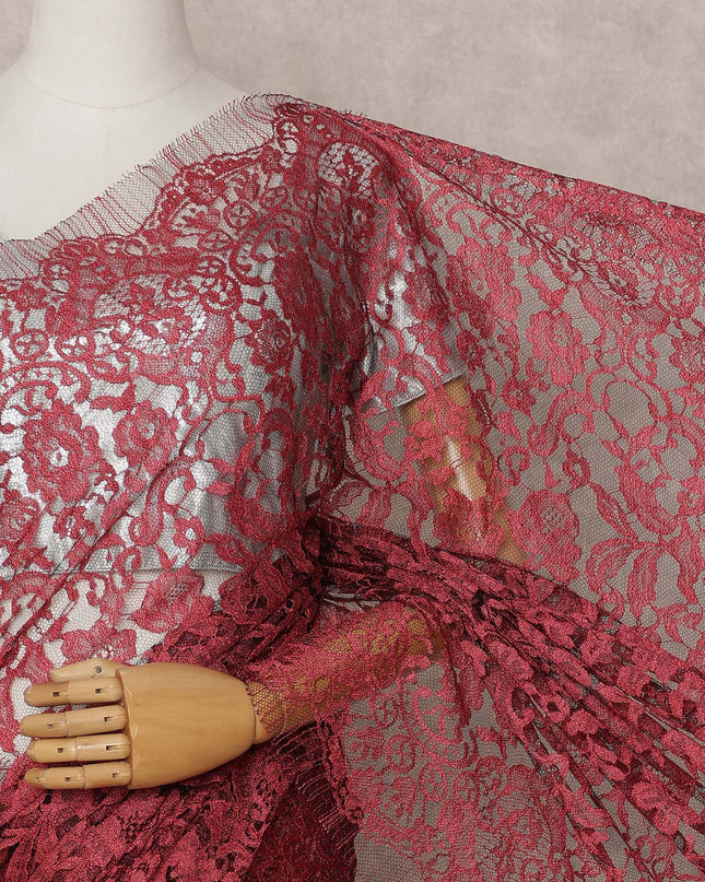 Crimson Red Premium French 2-Tone Chantilly Lace Saree, 5.5 Mtrs with 110 Cms Width, Imported from France-D25427 Regal Fabrics
