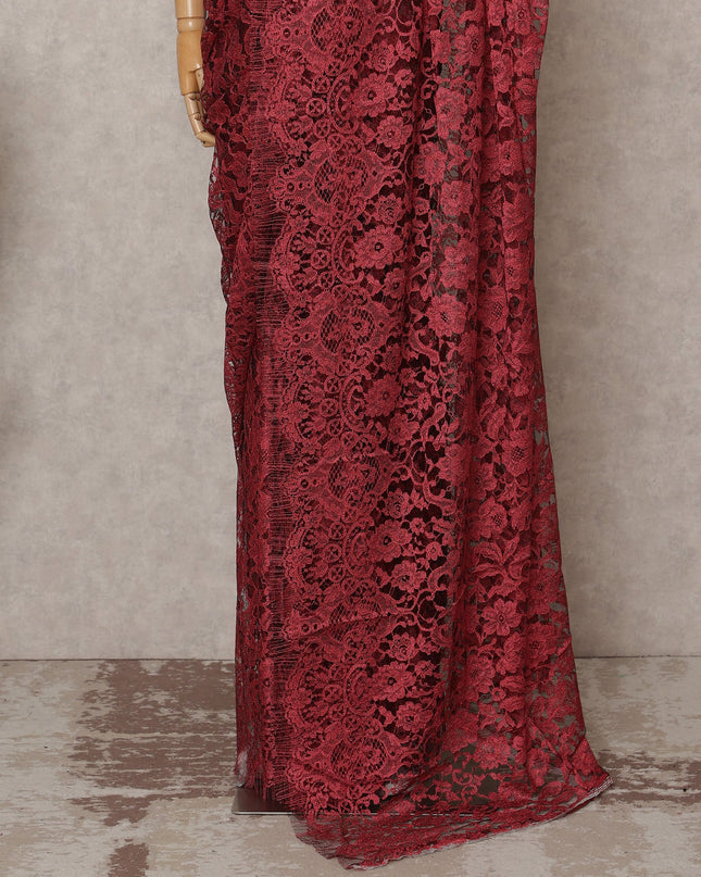 Crimson Red Premium French 2-Tone Chantilly Lace Saree, 5.5 Mtrs with 110 Cms Width, Imported from France-D25427 Regal Fabrics