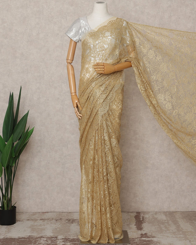 Gold Premium French Metallic Chantilly Lace Saree, Width 110 Cms, Length 5.5 Mtrs, Imported from France-D25685 Regal Fabrics