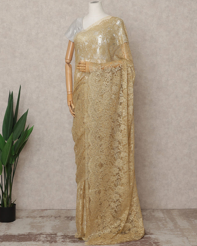Gold Premium French Metallic Chantilly Lace Saree, Width 110 Cms, Length 5.5 Mtrs, Imported from France-D25685 Regal Fabrics