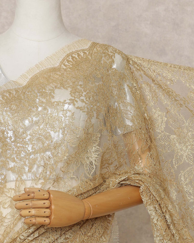 Gold Premium French Metallic Chantilly Lace Saree, Width 110 Cms, Length 5.5 Mtrs, Imported from France-D25685 Regal Fabrics