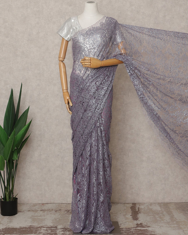 Silver Lavender Premium French Metallic Chantilly Lace Saree, Width 110 Cms, Length 5.5 Mtrs, Imported from France-D25689 Regal Fabrics