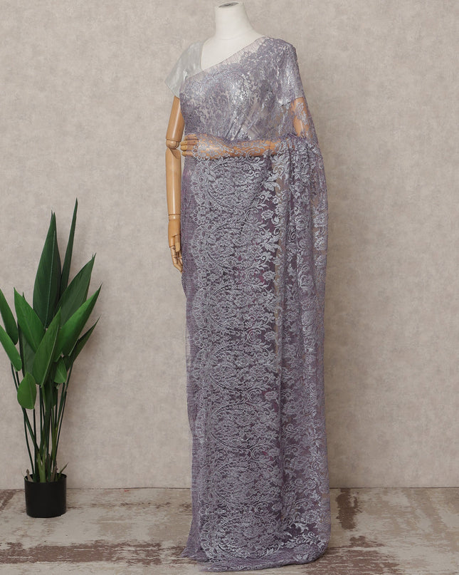 Silver Lavender Premium French Metallic Chantilly Lace Saree, Width 110 Cms, Length 5.5 Mtrs, Imported from France-D25689 Regal Fabrics
