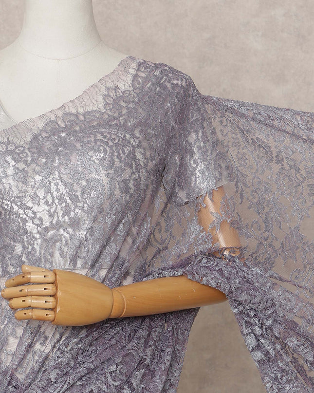 Silver Lavender Premium French Metallic Chantilly Lace Saree, Width 110 Cms, Length 5.5 Mtrs, Imported from France-D25689 Regal Fabrics