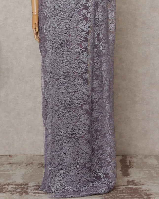 Silver Lavender Premium French Metallic Chantilly Lace Saree, Width 110 Cms, Length 5.5 Mtrs, Imported from France-D25689 Regal Fabrics