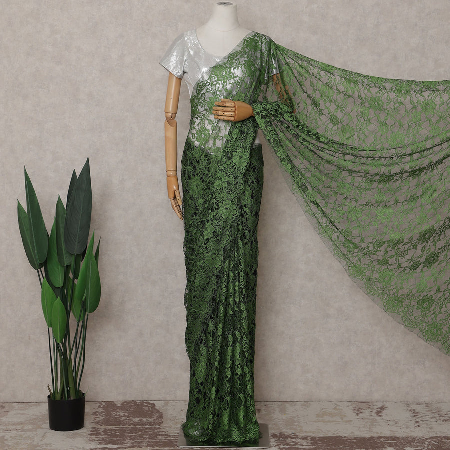 Forest Green Floral French Chantilly Lace Saree