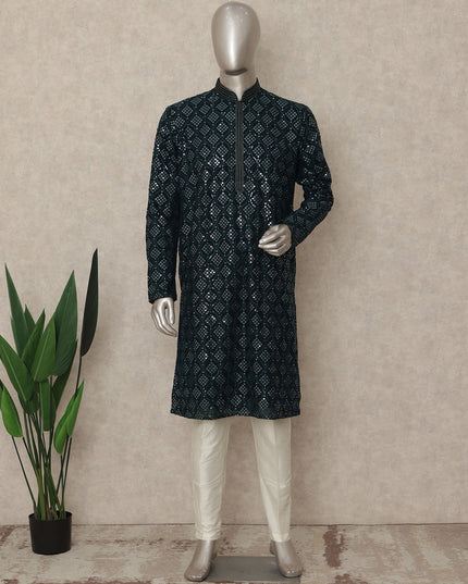 Emerald Teal Sequin Georgette Kurta Set Men