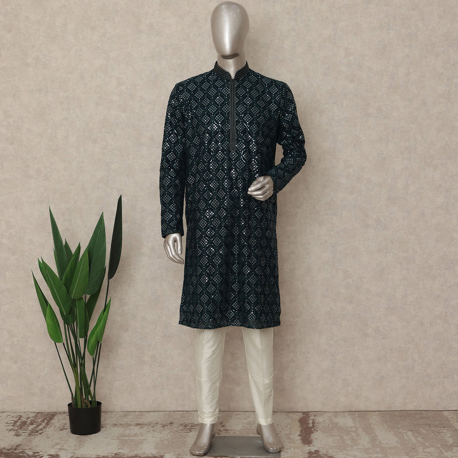 Emerald Teal Sequin Georgette Kurta Set Men