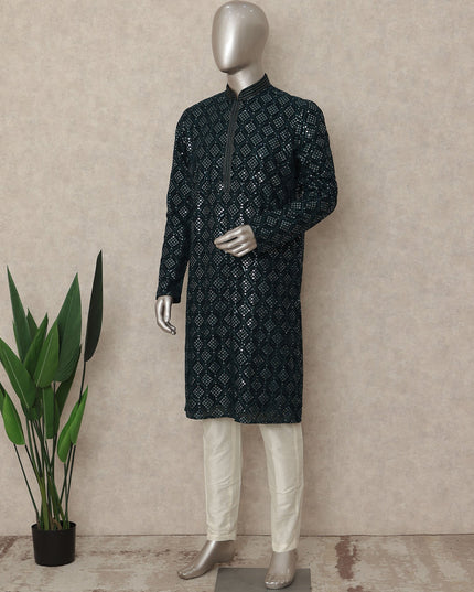 Emerald Teal Sequin Georgette Kurta Set Men