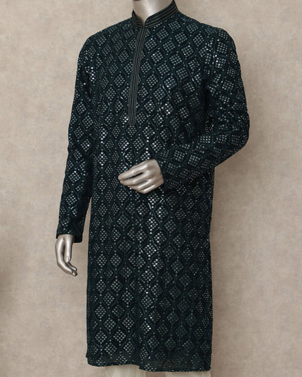 Emerald Teal Sequin Georgette Kurta Set Men