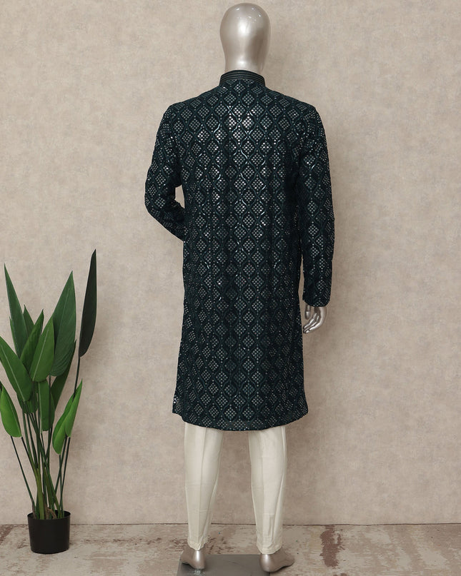 Emerald Teal Sequin Georgette Kurta Set Men