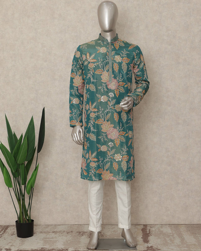 Teal Green Shimmer Silk Printed Kurta Set Men