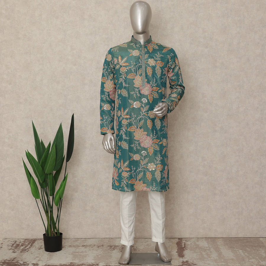 Teal Green Shimmer Silk Printed Kurta Set Men