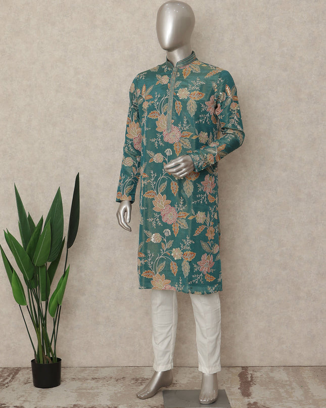 Teal Green Shimmer Silk Printed Kurta Set Men