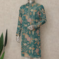 Teal Green Shimmer Silk Printed Kurta Set Men