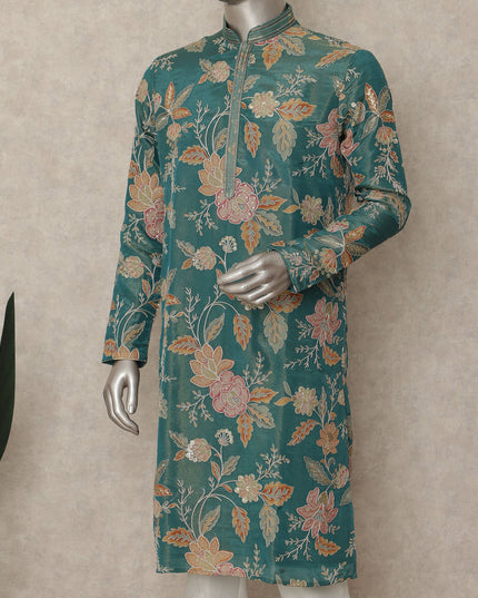Teal Green Shimmer Silk Printed Kurta Set Men