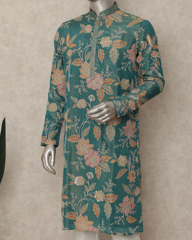 Teal Green Shimmer Silk Printed Kurta Set Men