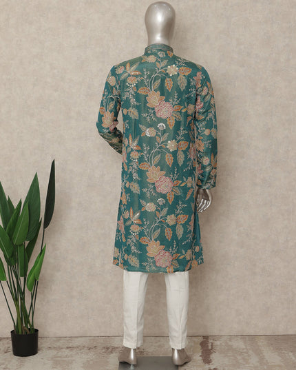 Teal Green Shimmer Silk Printed Kurta Set Men