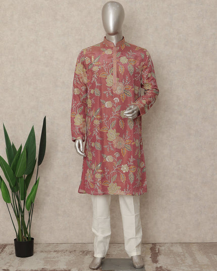 Rose Pink Shimmer Silk Kurta Pyjama Set Men