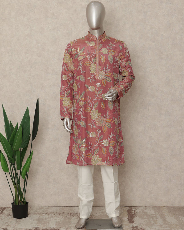 Rose Pink Shimmer Silk Kurta Pyjama Set Men