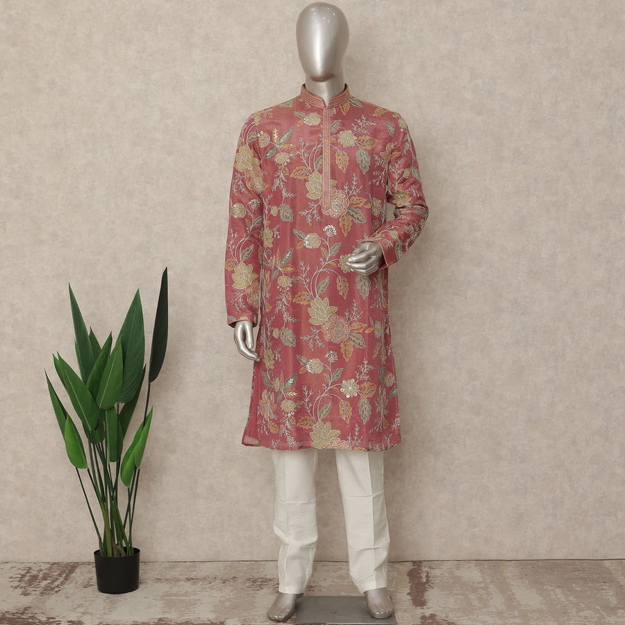 Rose Pink Shimmer Silk Kurta Pyjama Set Men